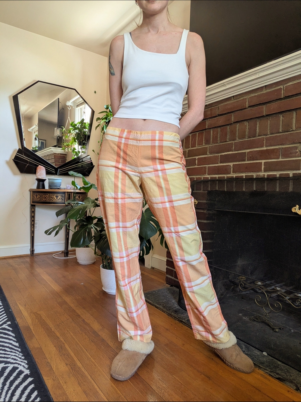 Y2K Ralph Lauren Orange, Yellow, and White Silk Plaid Pants